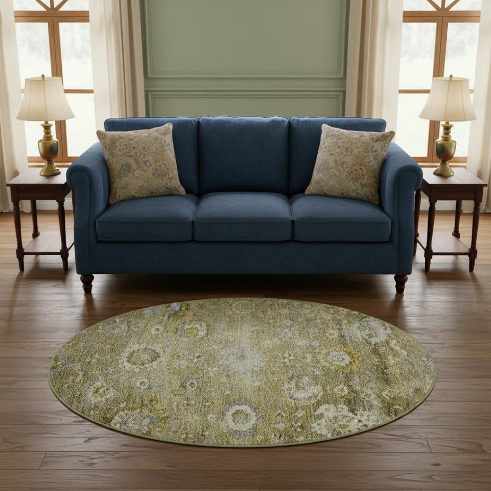 HomeRoots 8' Brown Gray Gold Floral Washable Round Rug - UV Protected, Stain Resistant, Perfect for Homes! 684459