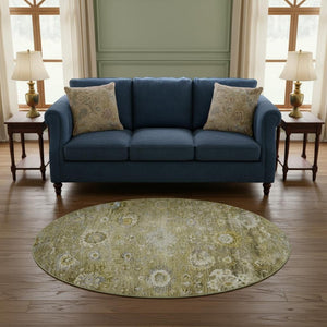HomeRoots 8' Brown Gray Gold Floral Washable Round Rug - UV Protected, Stain Resistant, Perfect for Homes! 684459