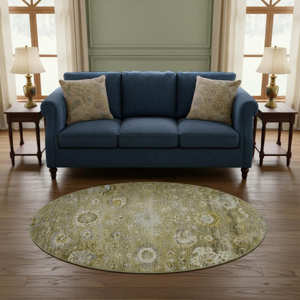 HomeRoots 8' Brown Gray Gold Floral Washable Round Rug - UV Protected, Stain Resistant, Perfect for Homes! 684459