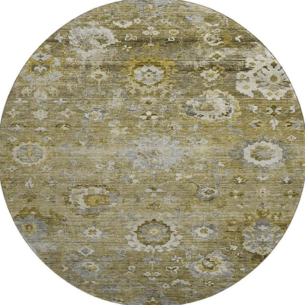 HomeRoots 8' Brown Gray Gold Floral Washable Round Rug - UV Protected, Stain Resistant, Perfect for Homes! 684459