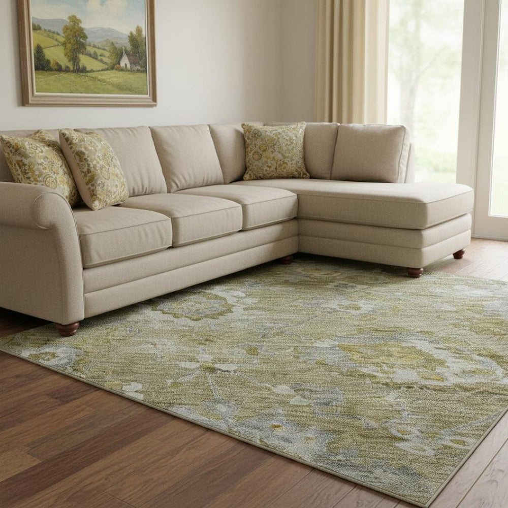 HomeRoots 8' X 10' Floral Washable Area Rug – Stain Resistant, UV Protected, Elegant Brown, Gray, & Gold Design 684460