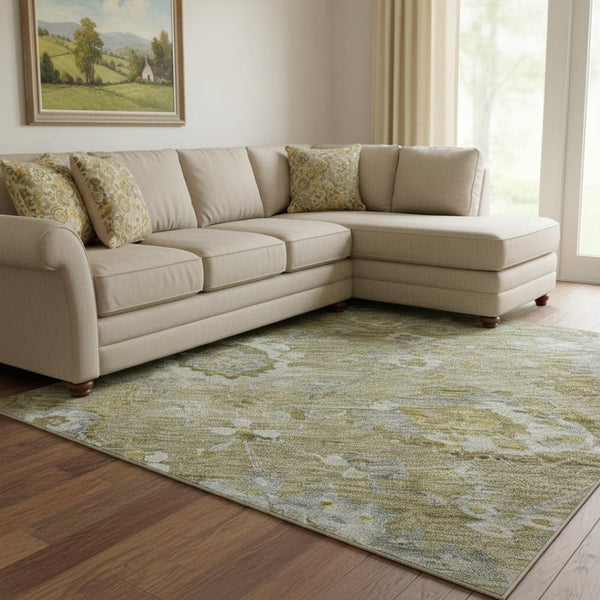 HomeRoots 8' X 10' Floral Washable Area Rug – Stain Resistant, UV Protected, Elegant Brown, Gray, & Gold Design 684460