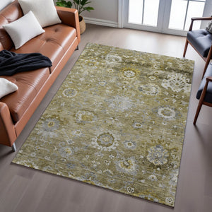 HomeRoots 8' X 10' Floral Washable Area Rug – Stain Resistant, UV Protected, Elegant Brown, Gray, & Gold Design 684460
