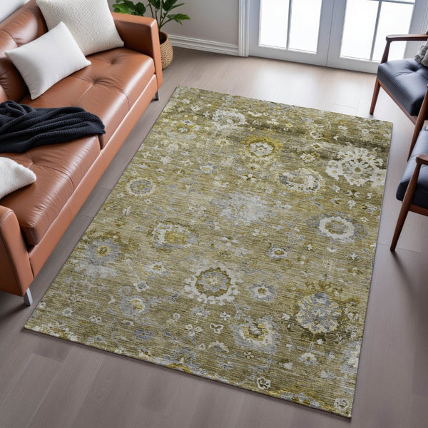 HomeRoots 8' X 10' Floral Washable Area Rug – Stain Resistant, UV Protected, Elegant Brown, Gray, & Gold Design 684460
