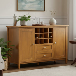 English Elm Warm Shaker Pine Buffet Cabinet with 12 Bottle Wine Rack and Drawer Storage B136P439013
