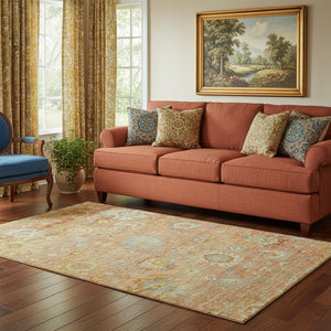 HomeRoots 5' X 8' Coral Gold Blue Floral Area Rug - Washable, UV Protected, Durable for Homes with Kids & Pets 684464