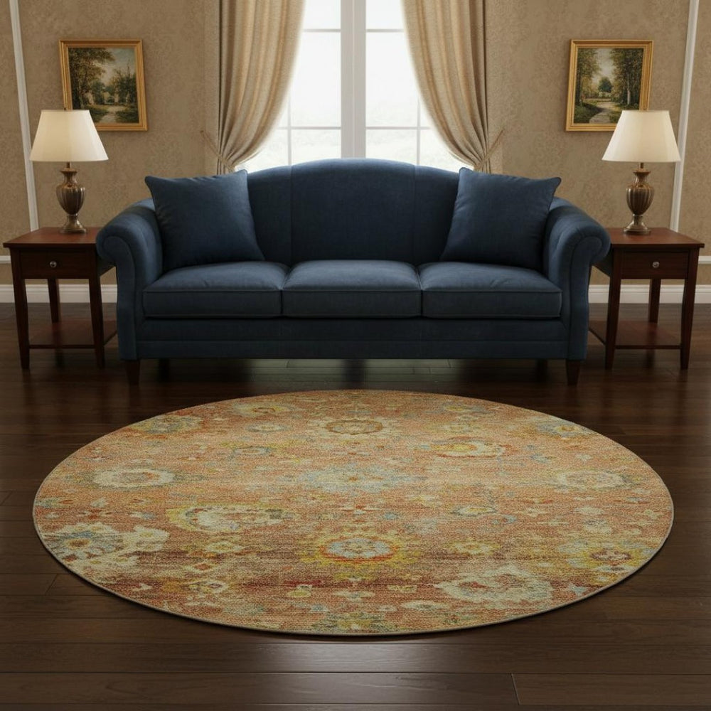 HomeRoots 8' Stylish Coral, Gold & Blue Floral Round Rug - Washable, UV-Resistant, Perfect for Family Spaces 684465