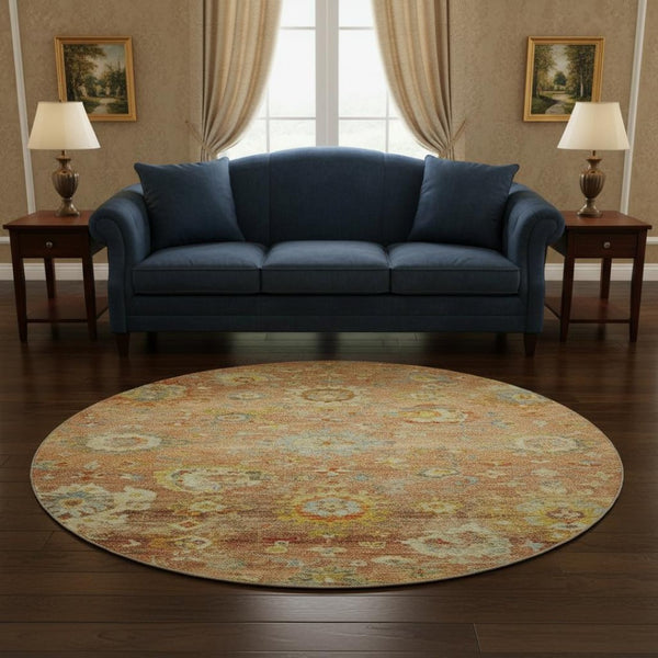 HomeRoots 8' Stylish Coral, Gold & Blue Floral Round Rug - Washable, UV-Resistant, Perfect for Family Spaces 684465
