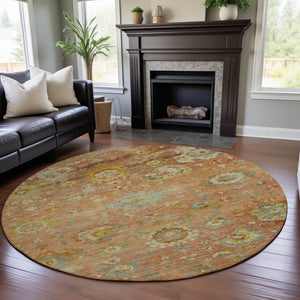 HomeRoots 8' Stylish Coral, Gold & Blue Floral Round Rug - Washable, UV-Resistant, Perfect for Family Spaces 684465