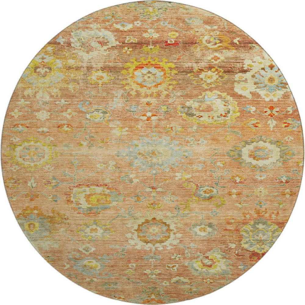 HomeRoots 8' Stylish Coral, Gold & Blue Floral Round Rug - Washable, UV-Resistant, Perfect for Family Spaces 684465