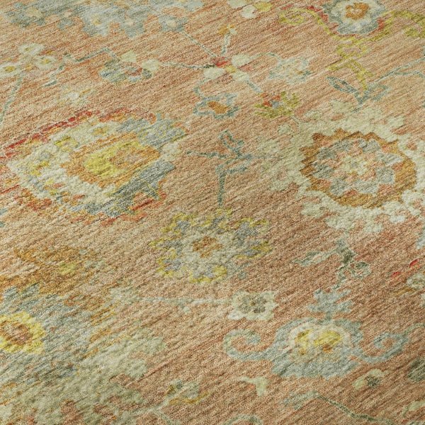 HomeRoots 8' Stylish Coral, Gold & Blue Floral Round Rug - Washable, UV-Resistant, Perfect for Family Spaces 684465