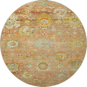 HomeRoots 8' Stylish Coral, Gold & Blue Floral Round Rug - Washable, UV-Resistant, Perfect for Family Spaces 684465