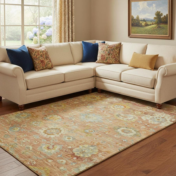 HomeRoots 8' X 10' Coral Gold and Blue Floral Area Rug - Stain Resistant, UV Protected, Durable & Stylish Decor 684466