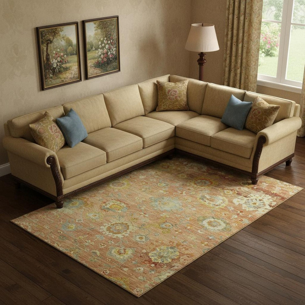 HomeRoots 9' X 12' Coral Gold & Blue Floral Area Rug - Washable, Stain Resistant, UV Protected for Homes 684467