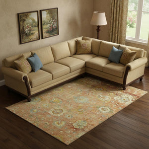 HomeRoots 9' X 12' Coral Gold & Blue Floral Area Rug - Washable, Stain Resistant, UV Protected for Homes 684467