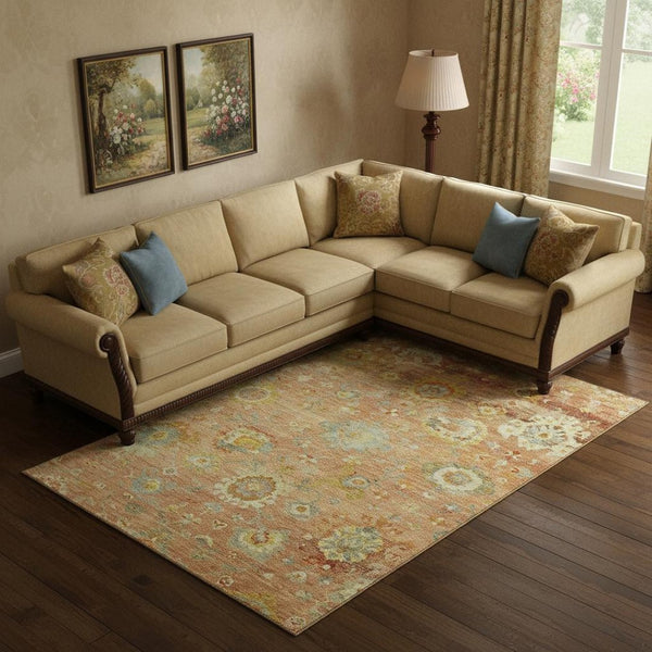 HomeRoots 9' X 12' Coral Gold & Blue Floral Area Rug - Washable, Stain Resistant, UV Protected for Homes 684467