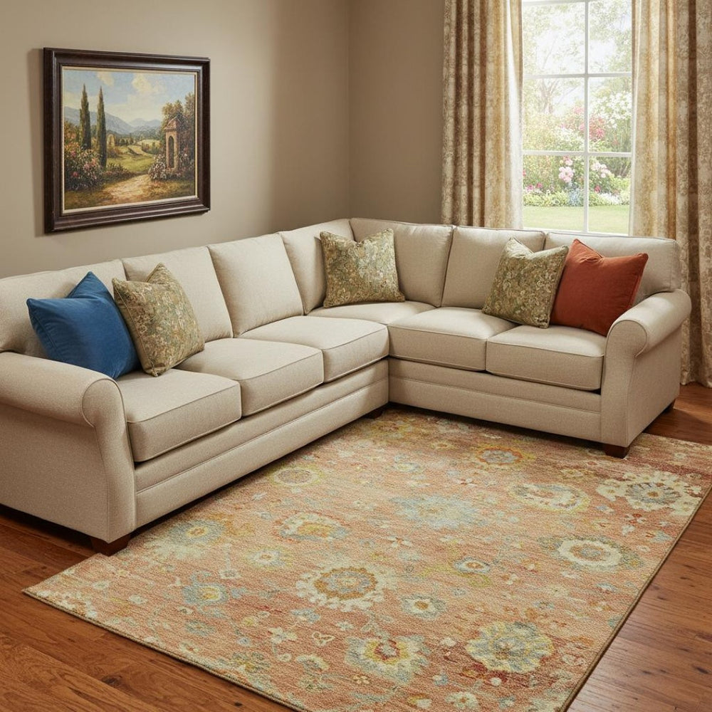 HomeRoots 10' X 14' Coral Gold & Blue Floral Area Rug – Durable, Washable, Stain-Resistant with UV Protection 684468