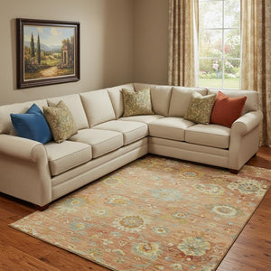 HomeRoots 10' X 14' Coral Gold & Blue Floral Area Rug – Durable, Washable, Stain-Resistant with UV Protection 684468