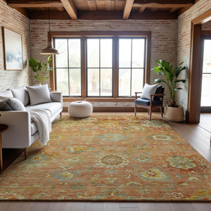 HomeRoots 10' X 14' Coral Gold & Blue Floral Area Rug – Durable, Washable, Stain-Resistant with UV Protection 684468