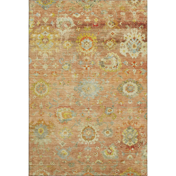 HomeRoots 10' X 14' Coral Gold & Blue Floral Area Rug – Durable, Washable, Stain-Resistant with UV Protection 684468