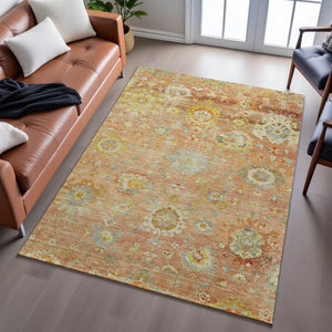 HomeRoots 10' X 14' Coral Gold & Blue Floral Area Rug – Durable, Washable, Stain-Resistant with UV Protection 684468