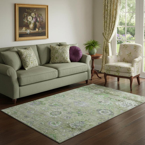 HomeRoots 5' X 8' Floral Area Rug in Mint Green, Purple & Beige – Durable, Washable, UV-Protected Elegance 684470