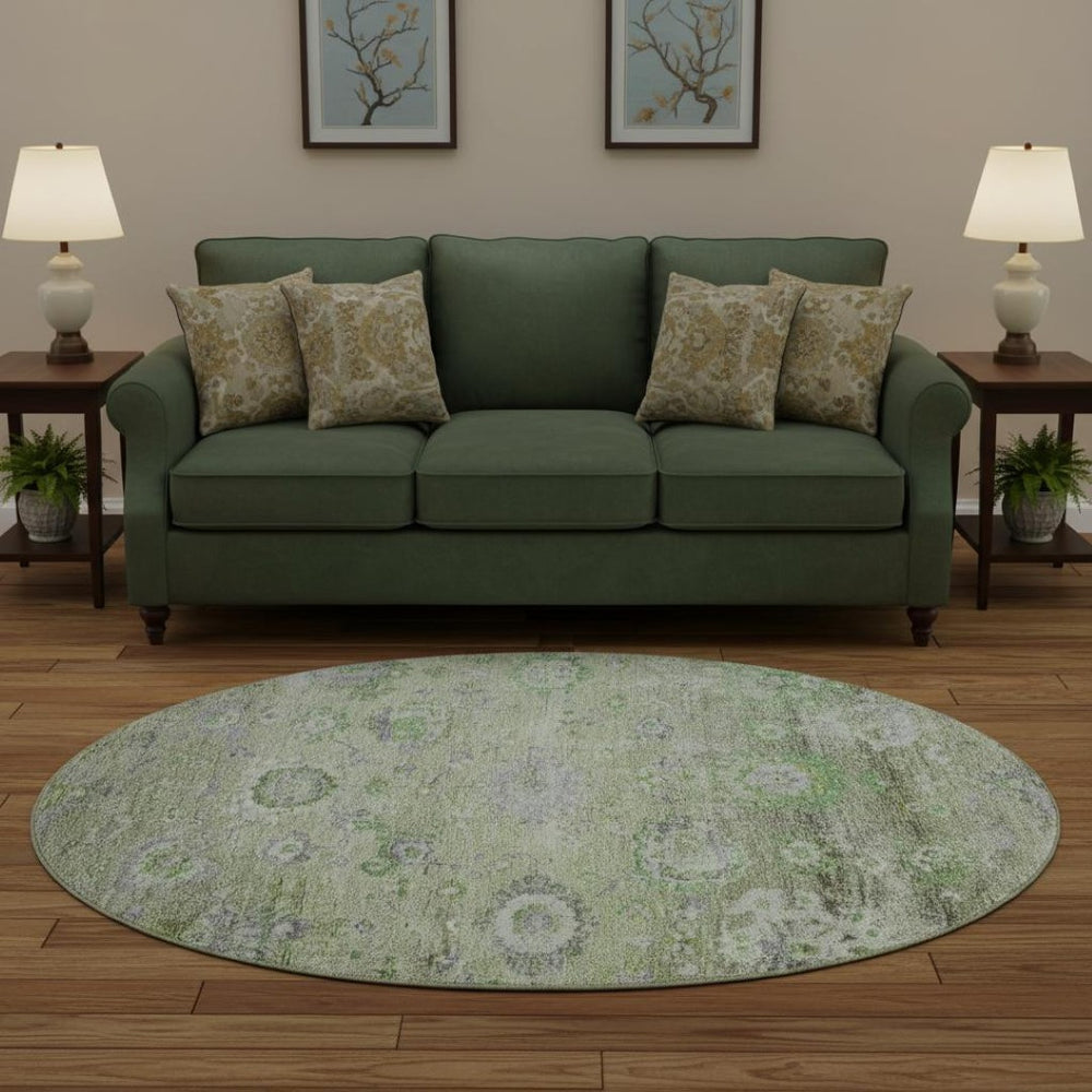HomeRoots 8' Stylish Mint Green, Purple & Beige Floral Washable Round Rug with UV Protection for Homes 684471