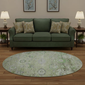 HomeRoots 8' Stylish Mint Green, Purple & Beige Floral Washable Round Rug with UV Protection for Homes 684471