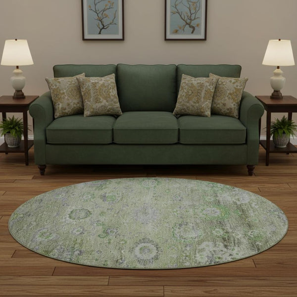 HomeRoots 8' Stylish Mint Green, Purple & Beige Floral Washable Round Rug with UV Protection for Homes 684471