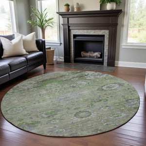 HomeRoots 8' Stylish Mint Green, Purple & Beige Floral Washable Round Rug with UV Protection for Homes 684471