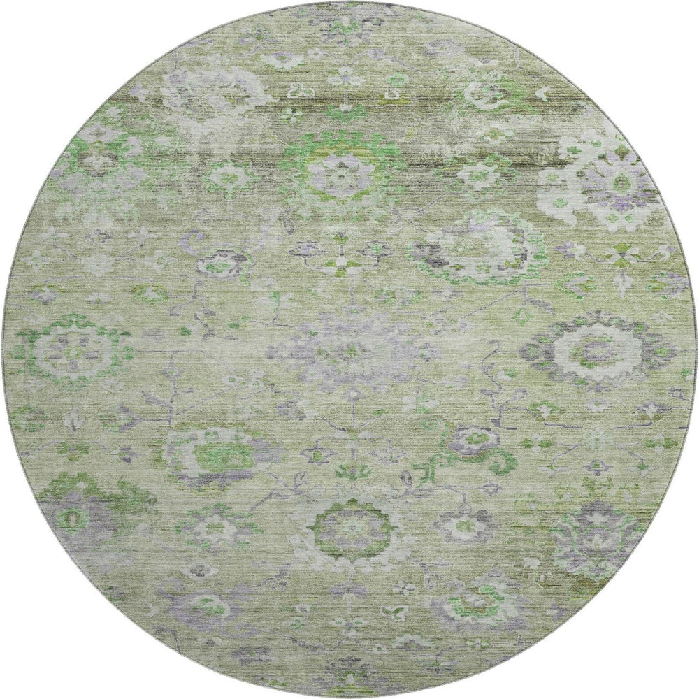 HomeRoots 8' Stylish Mint Green, Purple & Beige Floral Washable Round Rug with UV Protection for Homes 684471