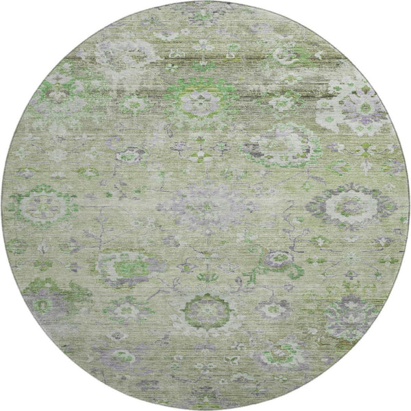 HomeRoots 8' Stylish Mint Green, Purple & Beige Floral Washable Round Rug with UV Protection for Homes 684471