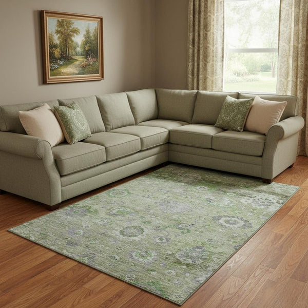 HomeRoots 8' X 10' Floral Area Rug in Mint Green, Purple & Beige - Washable, UV Protected, Stylish & Durable! 684472