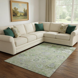 HomeRoots 10' Floral Area Rug in Mint Green, Purple & Beige - Washable, UV-Protected, Stain-Resistant Design 684474