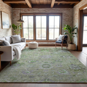 HomeRoots 10' Floral Area Rug in Mint Green, Purple & Beige - Washable, UV-Protected, Stain-Resistant Design 684474