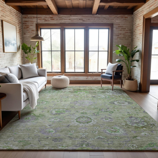 HomeRoots 10' Floral Area Rug in Mint Green, Purple & Beige - Washable, UV-Protected, Stain-Resistant Design 684474