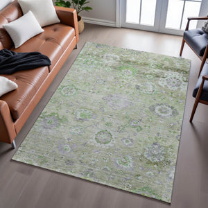 HomeRoots 10' Floral Area Rug in Mint Green, Purple & Beige - Washable, UV-Protected, Stain-Resistant Design 684474