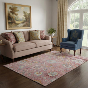 HomeRoots 5' X 8' Floral Washable Area Rug in Pink, Gold & Blue - Stain Resistant with UV Protection & Classic Style 684476