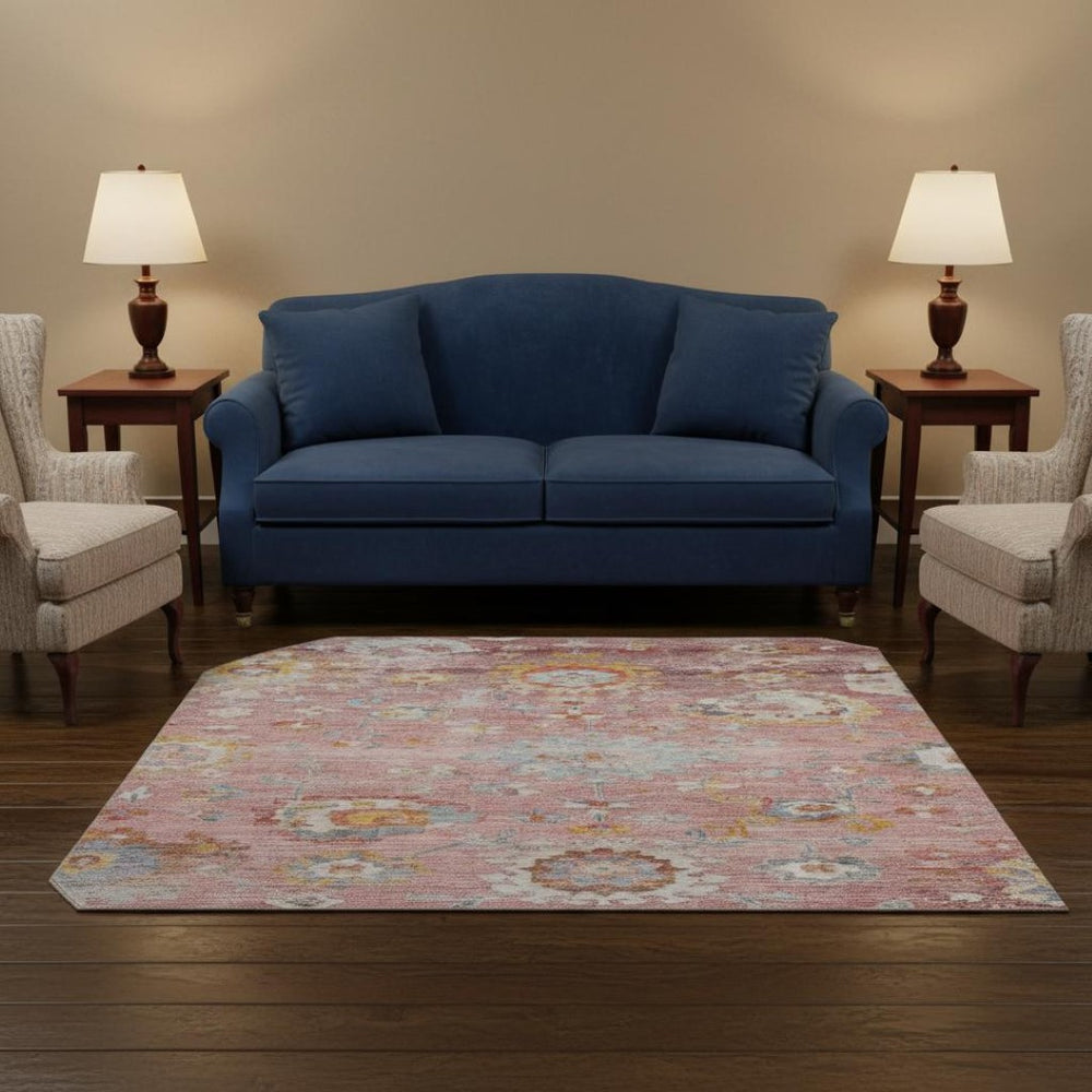 HomeRoots 8' Pink Gold and Blue Floral Rug - Washable, Stain Resistant, UV Protected for Stylish Living Spaces 684477