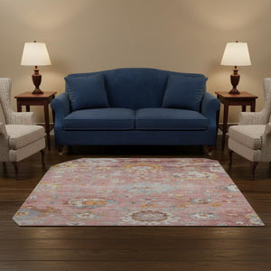 HomeRoots 8' Pink Gold and Blue Floral Rug - Washable, Stain Resistant, UV Protected for Stylish Living Spaces 684477