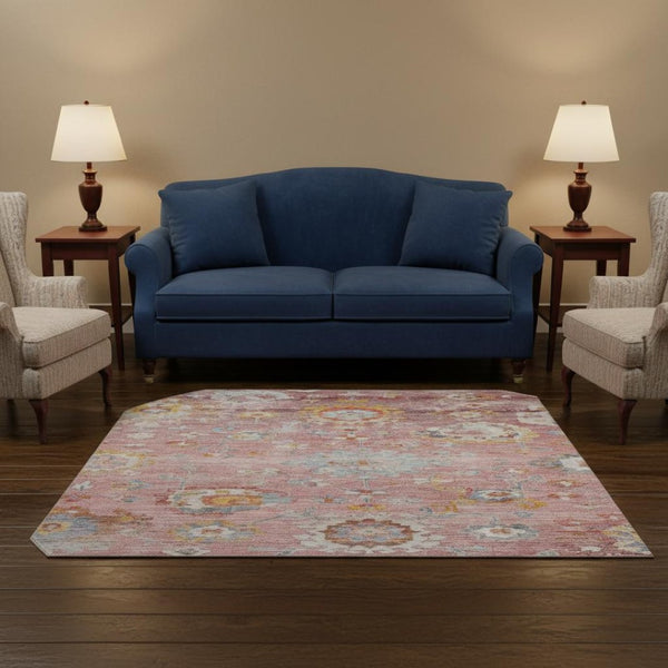 HomeRoots 8' Pink Gold and Blue Floral Rug - Washable, Stain Resistant, UV Protected for Stylish Living Spaces 684477