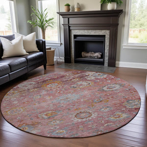 HomeRoots 8' Pink Gold and Blue Floral Rug - Washable, Stain Resistant, UV Protected for Stylish Living Spaces 684477