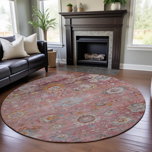 HomeRoots 8' Pink Gold and Blue Floral Rug - Washable, Stain Resistant, UV Protected for Stylish Living Spaces 684477