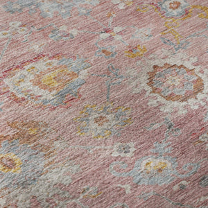 HomeRoots 8' Pink Gold and Blue Floral Rug - Washable, Stain Resistant, UV Protected for Stylish Living Spaces 684477