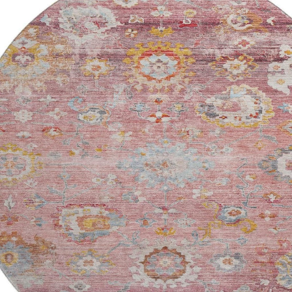 HomeRoots 8' Pink Gold and Blue Floral Rug - Washable, Stain Resistant, UV Protected for Stylish Living Spaces 684477