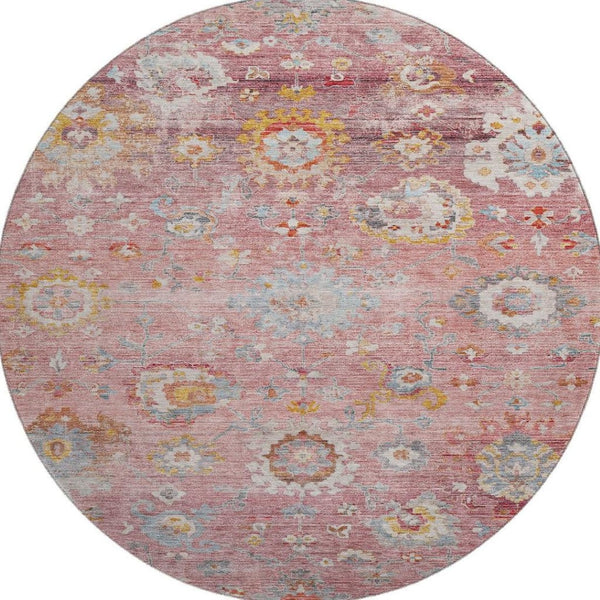 HomeRoots 8' Pink Gold and Blue Floral Rug - Washable, Stain Resistant, UV Protected for Stylish Living Spaces 684477