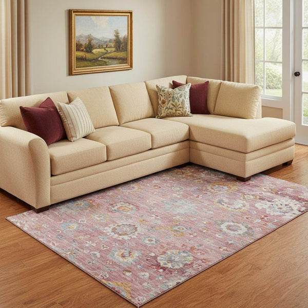 HomeRoots 8' X 10' Floral Washable Area Rug in Pink, Gold & Blue - UV Protected, Durable & Stylish Home Décor 684478