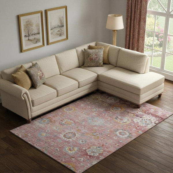 HomeRoots 9' X 12' Pink Gold & Blue Floral Washable Area Rug – UV Protected, Stain-Resistant Elegance for Any Room 684479
