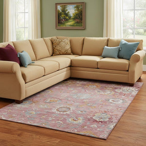 HomeRoots 10' X 14' Pink Gold & Blue Floral Area Rug - Washable, UV Protected, Stylish & Durable for Your Home 684480