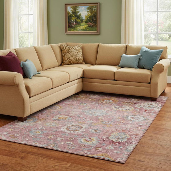 HomeRoots 10' X 14' Pink Gold & Blue Floral Area Rug - Washable, UV Protected, Stylish & Durable for Your Home 684480